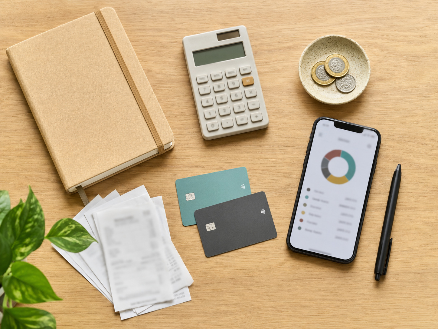 Cartões, calculadora, recibos e celular organizados para controlar despesas do orçamento familiar.