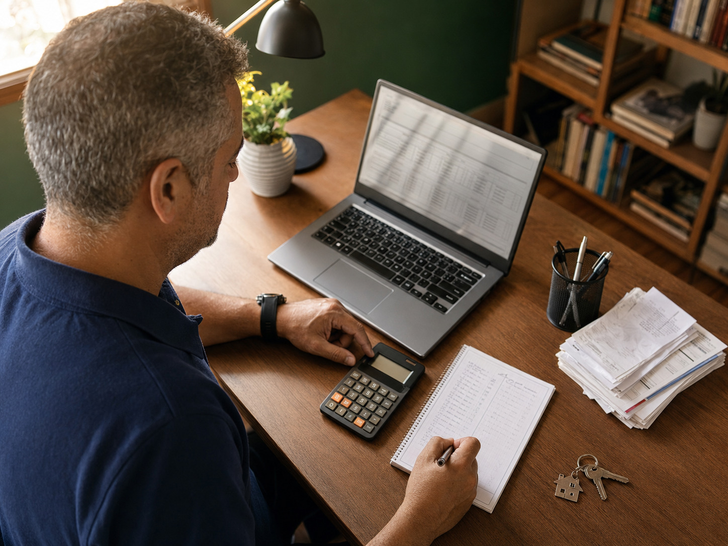Homem analisando despesas e planejamento financeiro dos gastos domésticos.