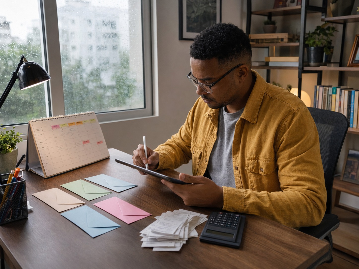 Homem acompanhando o orçamento familiar em um escritório doméstico com calendário, tablet e recibos.