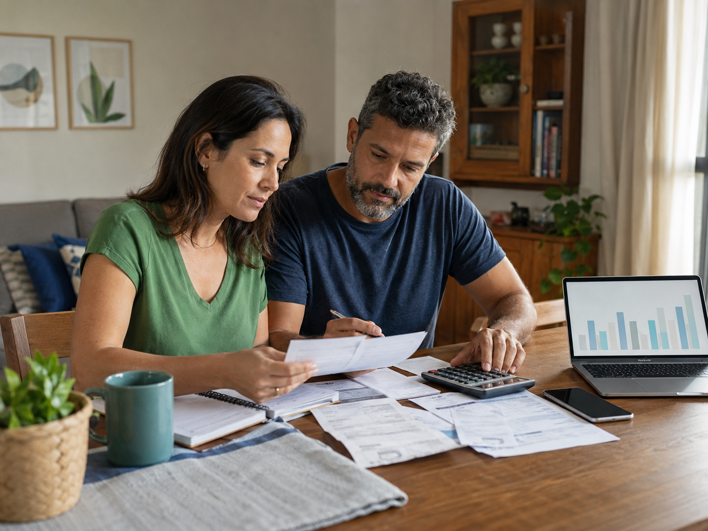 Casal fazendo a organização financeira doméstica e conferindo as contas.